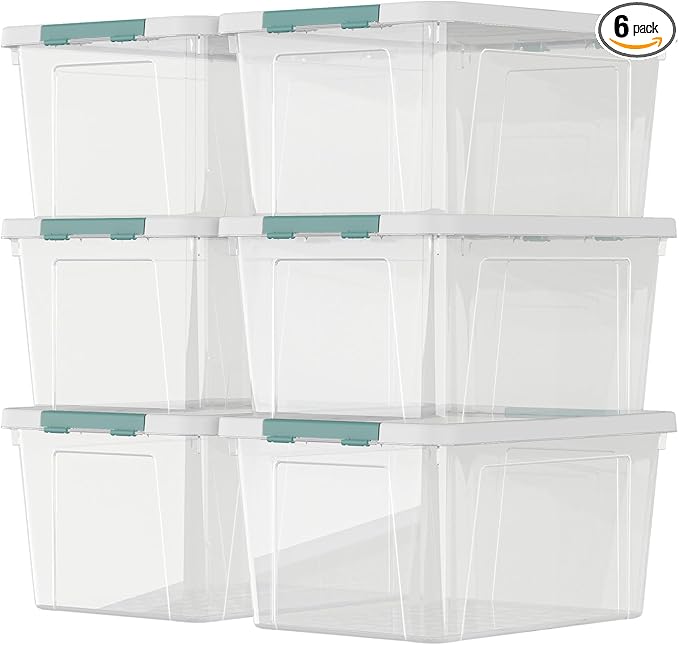 6-Pack Clear Plastic Storage Organizer Bins with White Lids 35 Quart Stackable Container Boxes for Bedroom Bathroom Garage and Office Organization