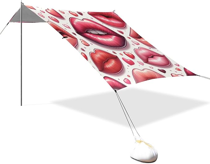 ALAZA Red Lips Heart Beach Tent Sun Shelter UPF50+ Protection Beach Shade Canopy w/ 4 Sandbags for Outdoor Camping Fishing Backyard Fun Picnic 10x9 ft