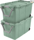 Extra Large 40 Gallon Storage Bin with Wheels and Handle Heavy-Duty Plastic Rolling Storage Container Pack of 2(Green)