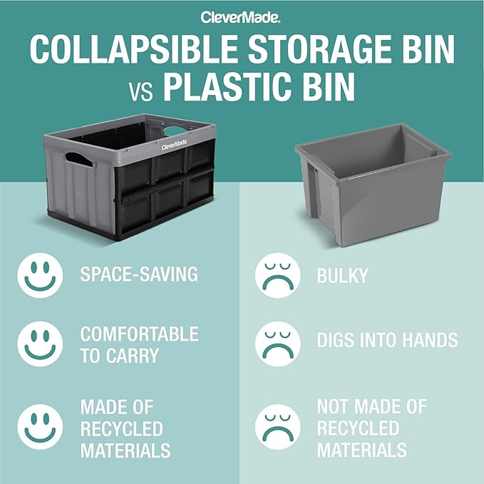 CleverMade Collapsible Storage Bins 46L (3-Pack) – Heavy Duty Collapsible Plastic Storage Bins Stackable Folding Storage Bins for Car Garage Home Organization - Foldable Bins Stone