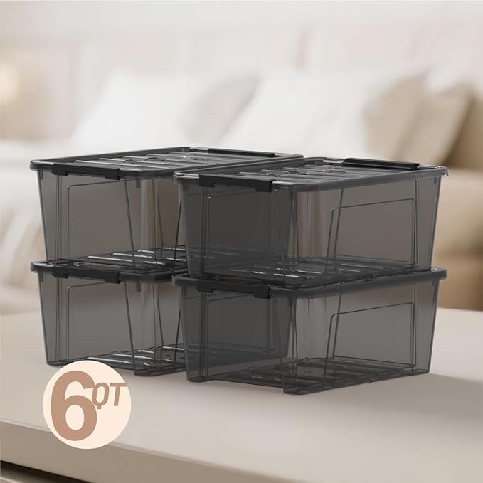 9-Pack Plastic Storage Bins with Lids 6 Quart Stackable Organization Containers with Latch Buckle.Clear Black