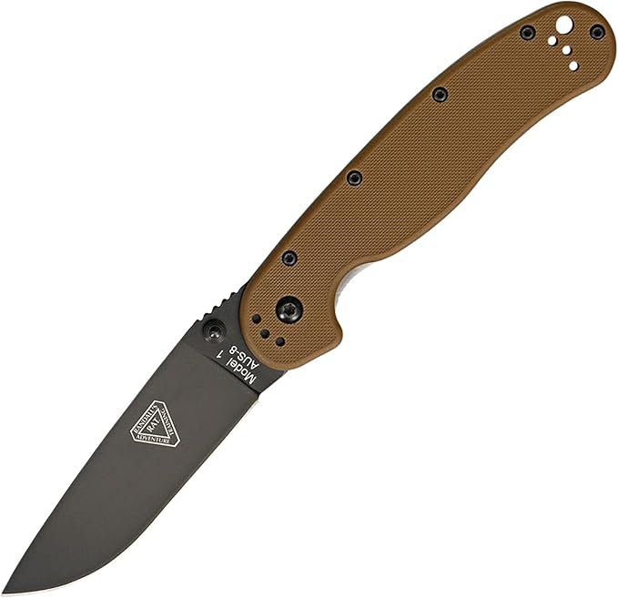 Ontario Knife Company Rat I Folding Pocket Knife Black Coated AUS-8 Stainless Steel Drop Point Blade Coyote Brown Nylon Handle Knife Everyday Carry Knife – ON8846CB