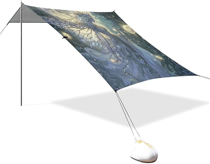 Fairy Game Anime Girl Beach Canopy UPF50+ Easy Setup Large Sun Shelter with Sandbags Sand Shovel Poles for Camping Picnics Backyard