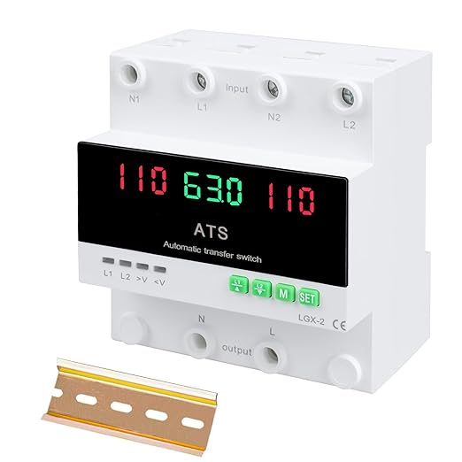 63A 110V Automatic/Manual Transfer Switch L1 Priority Phase Selector LED Display Din Rail Mount 50/60Hz CE Certified ATS for Generator Inverter Public Power