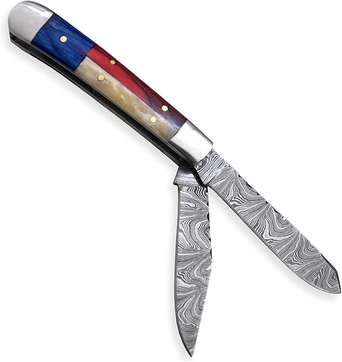 Damascus Steel Pocket Folding Knife Trapper folding knife Knife Leather Sheath Custom Hand Forged knives for Outdoor Survival Hunting Camping edc &amp Hiking Edge Sharpner Rod (TEXAS FLAG HANDL