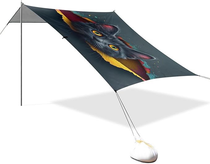 ALAZA 3D Black Cat Beach Tent Sun Shelter UPF50+ Protection Beach Shade Canopy w/ 4 Sandbags for Outdoor Camping Fishing Backyard Fun Picnic 10x9 ft
