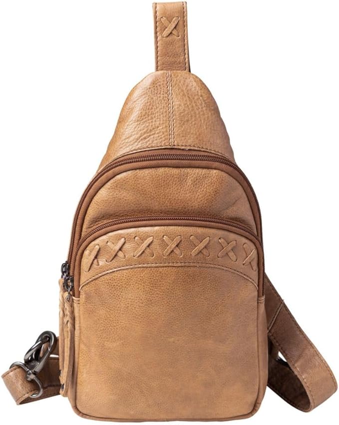 Lady Conceal Taylor Leather Unisex Tactical Gun Holster Sling Backpack - Medium Frame Handgun -Two locking concealment pockets with Locking Zippers and Universal Holster - 7 L x 12 H x 3.5 D