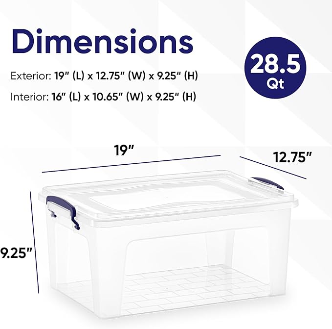 Superio Clear Storage Boxes with Lids Plastic Container Bins for Organizing Stackable Crates Storage Bins BPA Free Non Toxic Odor Free Organizers for Home Office School (28.5 Quart 12 Pack)