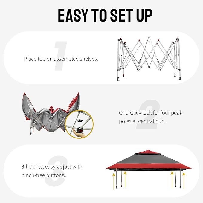 CROWN SHADES 13x13 Pop Up Gazebo Canopy Tent Gazebos on Clearance - Outdoor Gazebo for Backyard &amp Patio Furniture - Carpa Pop Up Tent with Wheeled STO-N-Go Cover Bag (Red &amp Grey)