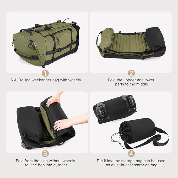 Rolling Duffle Bag with Wheels86L 30”Folding Duffle Backpack with 2 WheelsTravel Bag with Separate Shoe Compartment (Green)