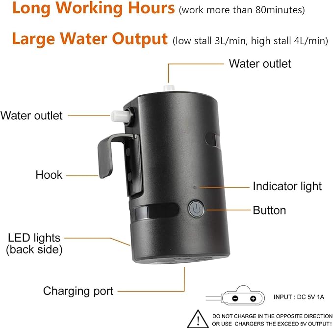 Portable Outdoor Shower 2 Flow Mode 4400mAh Battery Powered Shower Pump for Hiking/Backpacking Travel Beach Pet Flowering IPX7 Waterproof &ampUSB Rechargeable Camping Shower with 3 LED Lights…