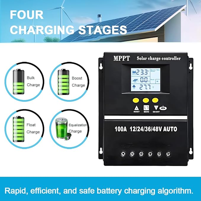 100A MPPT Solar Charge Controller 12V 24V 36V 48V LCD Display Battery Intelligent Regulator Max 100V Input Dual USB for Lead-Acid/Lithium
