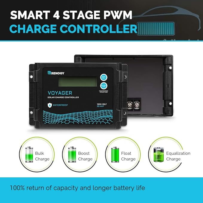 Renogy Voyager 20A 12V/24V PWM Waterproof Solar Charge Controller w/ LCD Display for AGM Gel Flooded and Lithium Battery Used in RVs Trailers Boats Yachts Voyager 20A
