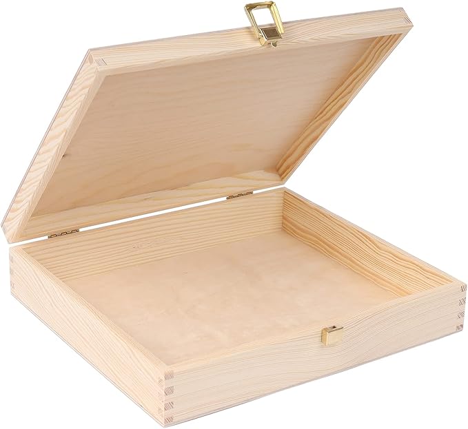 Creative Deco Wooden Storage Box Unpainted Plain | 11.41 x 9.84 x 2.55 in | Golden Latch &amp Lid | Perfect for Storing Valuables &amp Small Items in the Office or Bedroom | Keepsake Memory Trinket