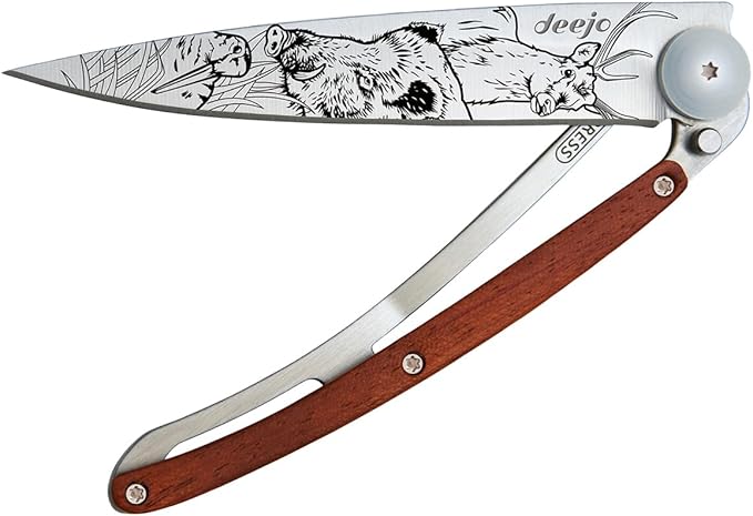 deejo - 37G Folding Pocket Knife with Belt Clip - Hunting Scene Design 3.7-Inch Stainless Steel Blade Coral Wood Handle - Lightweight Everyday Carry for Home Work and Outdoor Use