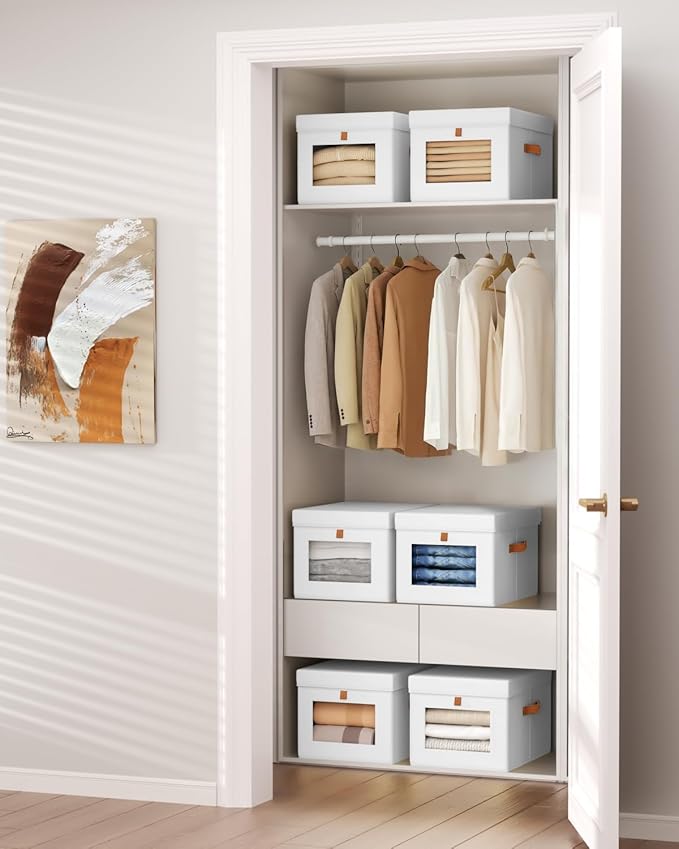 Homsorout Storage Bins with Lid – Closet Organizer with Side Opening and Clear Window Foldable Stackable Fabric Basket for Clothes Home Office - 13.77 x 11.8 x 9.8 4 Pack White