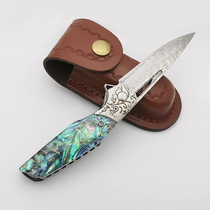 Pocket Knife Damascus Steel Blade Abalone Shell Handle Ball Bearing Pivot Sheath &amp Pocket Clip for Everyday and Outdoor Camping EDC tool Excellent Gift