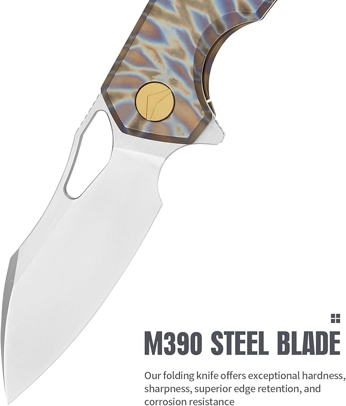 Folding Knife Pocket Knife EDC Knife with Clip Survival Knife Camping Knife - M390 Steel Titanium Handle - Outdoor Hiking Survival Hunting Knife with Sheath (Colourful)