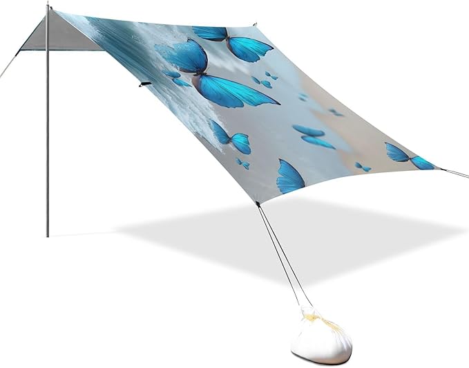 ALAZA Blue Butterflies Beach Beach Tent Sun Shelter UPF50+ Protection Beach Shade Canopy w/ 4 Sandbags for Outdoor Camping Fishing Backyard Fun Picnic 10x9 ft