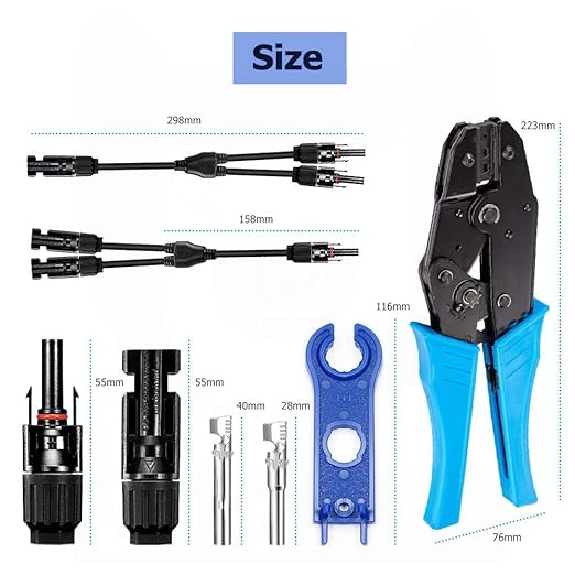 Solar Panel Crimping ToolCrimping Tool Kit with 10PCS Connectors and 2PCS Spanner Wrench and 2PCS Y Solar Connectors and Solar Wire Crimping Tool for PV Cable