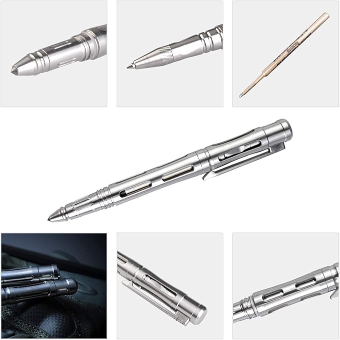 MecArmy TPX33 Titanium Tactical Pen with Tungsten Steel Glass Breaker for Self-Defence Anti-roll concave-convex shell with Comfortable grip for Writing Refill Pocket Clip included (Titanium Silver)