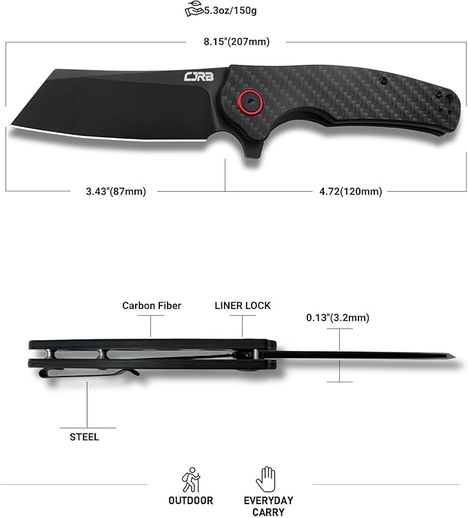 CJRB Crag Folding Pocket Knife 3.43 AR-RPM9 Steel Blade Carbon Fiber Handle EDC Knife with Pocket Clip for Men Women Camping Survival Hiking Black (J1904)