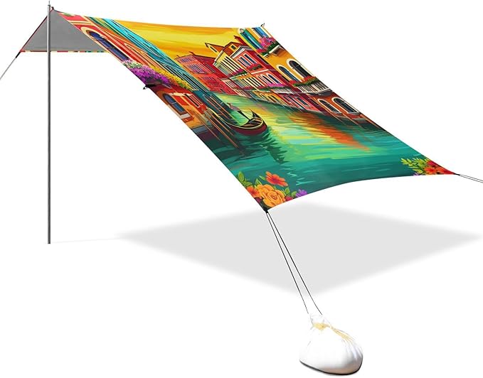 Beach Canopy with Windproof Ropes &amp Sandbags Beach Tent Sun Shade Sun Shelter for Camping Trips Fishing Backyard Fun or Picnics Venetian Pattern