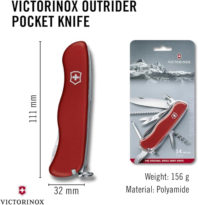 Victorinox Outrider Swiss Army Knife 14 Function Swiss Made Pocket Knife with Large Knife Corkscrew Scissors and 2 Screwdrivers - Red