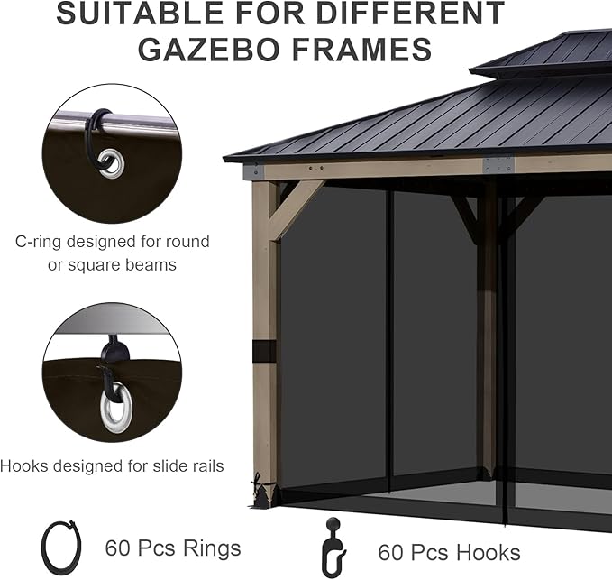 BPS 10' x 12' Gazebo Universal Mosquito Netting Screen Replacement 4-Panel Mesh Screen Walls with Double Zippers for Outdoor Patio Khaki (Mosquito Net Only)