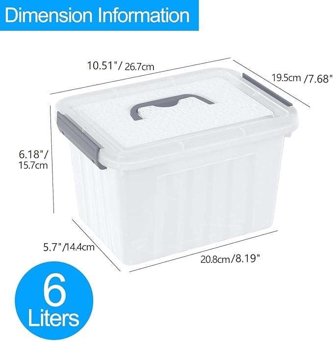 6 Quart Clear Latching Bins with Handle Small Plastic Storage Boxes with Lids 6 Packs