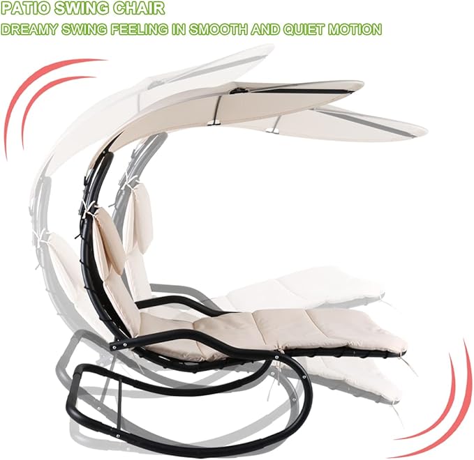 Outdoor Hammock Rocking Chaise Lounge Swing Chair with Stand and Canopy Porch Swing w/Soft Cushion Removable Headrest Outdoor Recliner Rocking Chair for Garden Backyard Poolside (Beige)