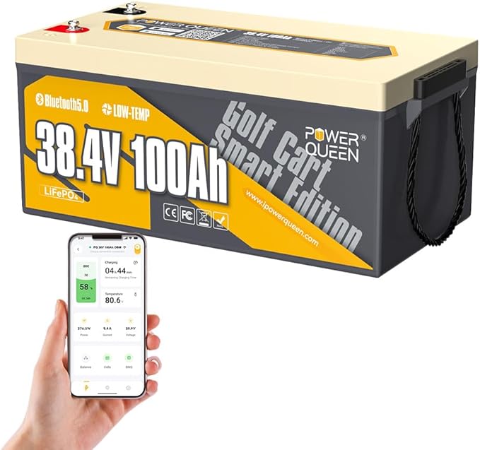 Power Queen LiFePO4 Battery 36V 100Ah Bluetooth Lithium Battery 15000+ Cycles Group 8DLow Temp Protection for 36V-72V Electric Outboard Motors Marine Golf Cart E-Z-GO TXT Off-Grid Home Energy