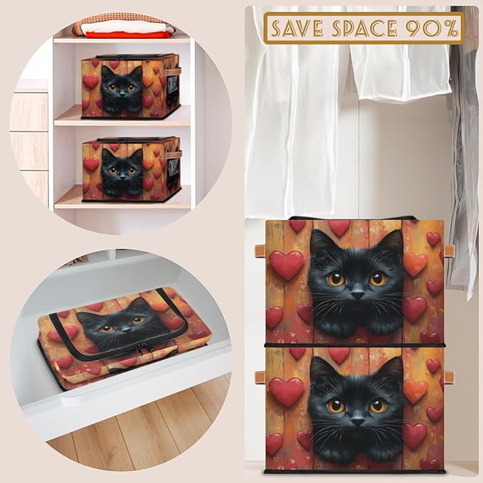 Black Cat Storage Bins with Zipper Lid Hearts Valentine's Fabric Lidded Storage Baskets Cubes with Handles Decorative Foldable Shelf Closet Organizer Container