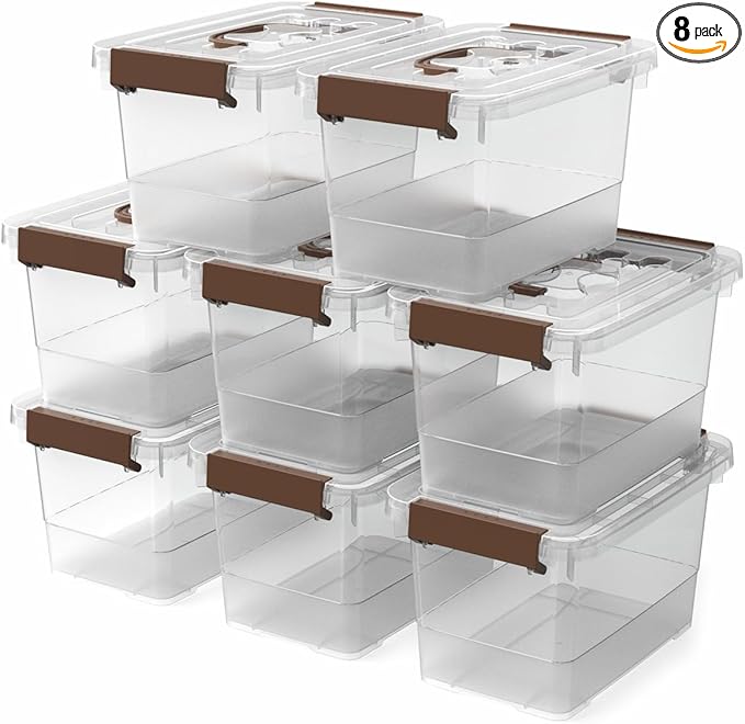 8 Pack Plastic Storage Latch Bins 4 Quart Clear Plastic Handle Box with Lids and Handle Multi-Purpose