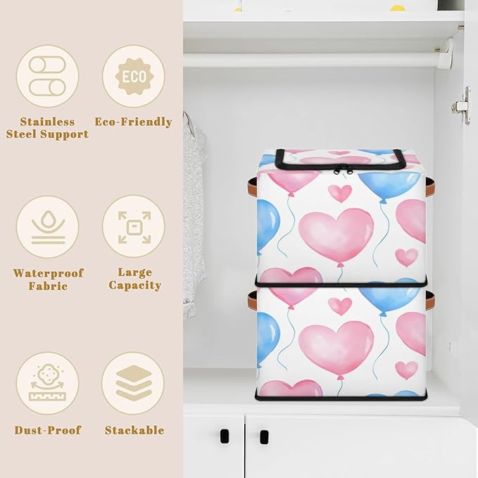 Valentine¡¯s Day Storage Bins with Zipper Lid Love Heart Balloons Fabric Lidded Storage Baskets Cubes with Handles Decorative Foldable Shelf Closet Organizer Container