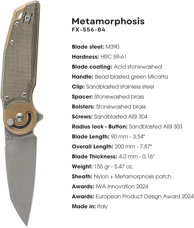 Fox Knives FX-556-B4 Metamorphosis Folding Knife 3.54in M390 Wharncliffe Blade Radius Lock EDC Pocket Knife Made in Italy Award-Winning Design (Bead Blasted Green Micarta)