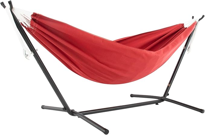 Vivere Double Sunbrella Hammock with Space-Saving Steel Stand Heavy-Duty Portable Outdoor Hammock Set for Backyard Patio or Travel Crimson