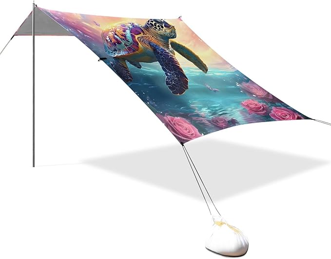 ALAZA Sea Turtle Butterflies Roses Beach Tent Sun Shelter UPF50+ Protection Beach Shade Canopy w/ 4 Sandbags for Outdoor Camping Fishing Backyard Fun Picnic 10x9 ft