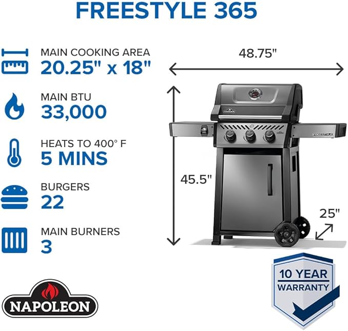 Napoleon Freestyle 365 Propane Gas Outdoor Grill Graphite Grey – 3-Burner BBQ with Porcelain Coated Cast Iron Iconic WAVE™ Cooking Grids