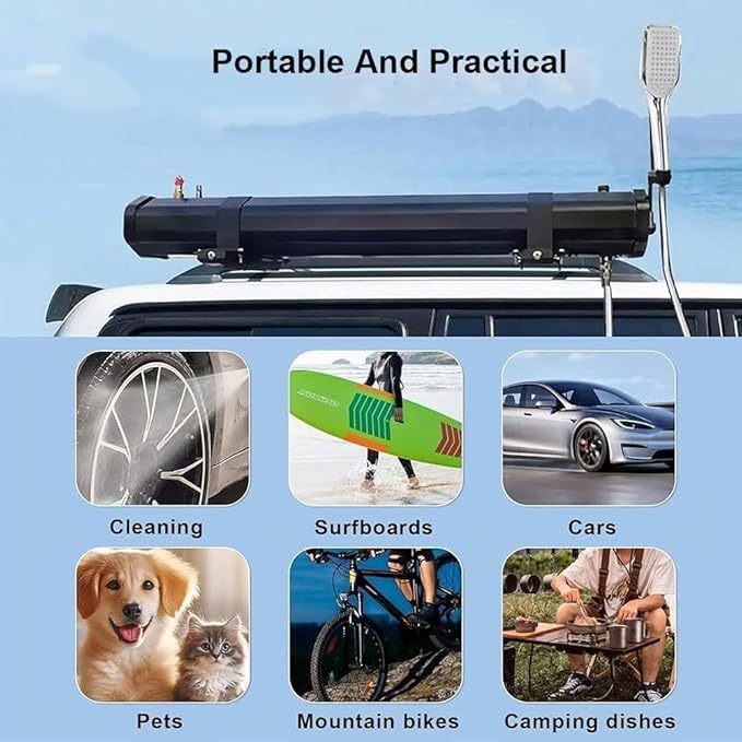 Portable Camping Shower Kit with Solar Heating Handheld Showerhead and Roof Rack Mount for HikingCar WashBeach Vacation 30L/7.93Gal