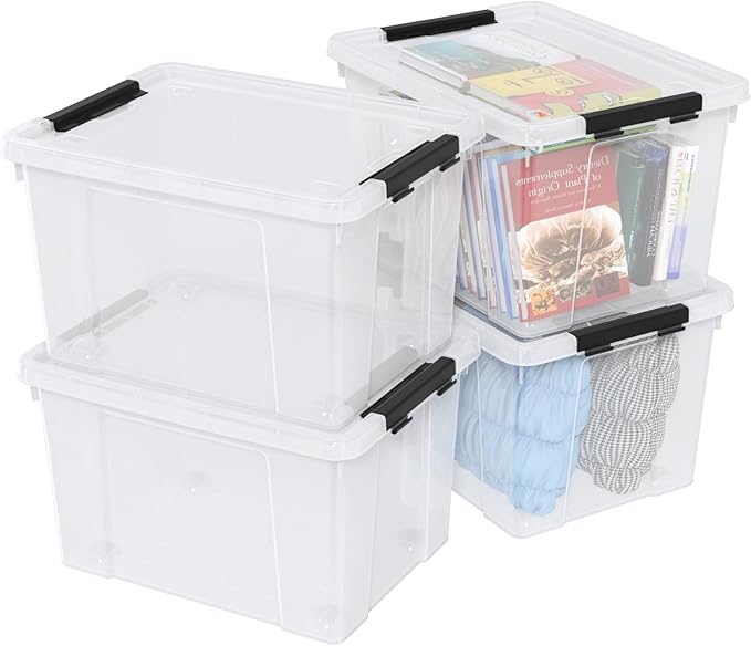 Set of 4 50 L Stackable Plastic Storage Container with Latching Lids and Wheels Clear Home Garage Organization Bins Box See-Through