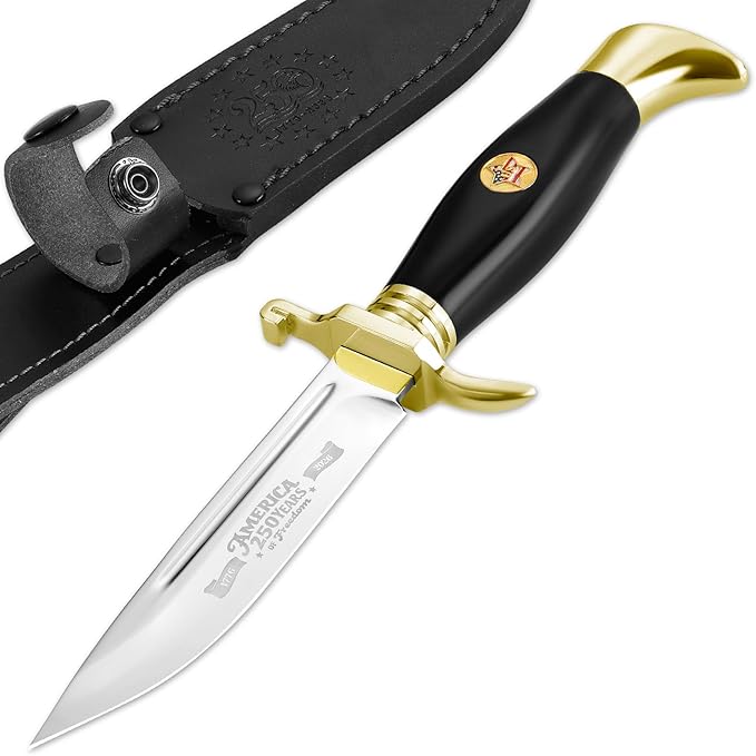 DISPATCH 250th Anniversary Commemorative Fixed Blade Knife 10.2'' Mirror Polished Stainless Steel Full Tang Blade with Dual Fullers Gold-Plated Guard &amp Pommel Resin Handle Composite Leather Sh