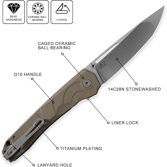 Petrified fish PFP11 Ripple Folding Knife3.78 14C28N Steel Hollow Blade G10 Handle Folding Pocket Knife for Camping EDC Outdoor (Khaki Stonewashed)