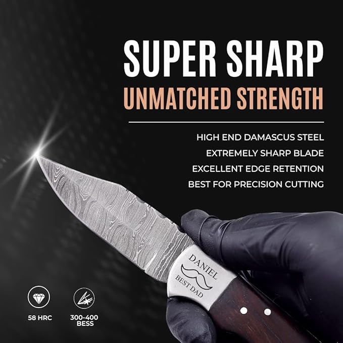 Custom Pocket Knife gifts for Men Personalized Damascus Folding Knife Engraved Gifts for Him Dad Boyfriend Husband Anniversary Groomsmen Gifts. Custom Knife for Camping Hunting Everyday Carry (