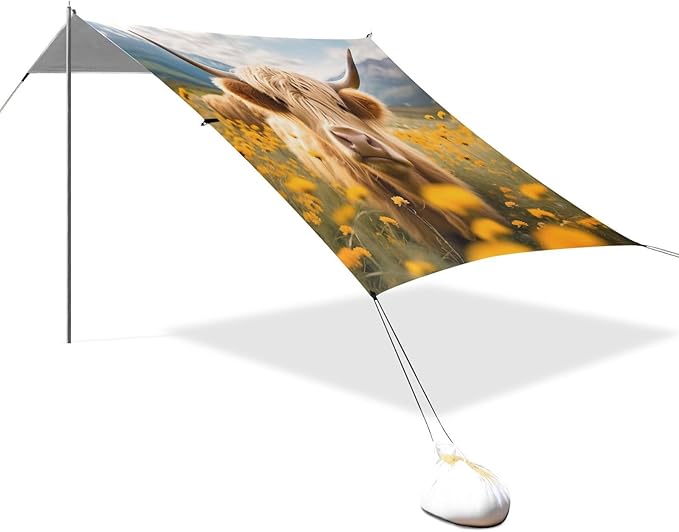 ALAZA Cattle in Field Beach Tent Sun Shelter UPF50+ Protection Beach Shade Canopy w/ 4 Sandbags for Outdoor Camping Fishing Backyard Fun Picnic 10x9 ft