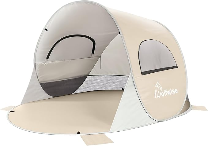 Wolfwise Pop up Beach Tent Sun Shelter with UPF50+ UV Protection Instant Easy Setup Popup Beach Shade Canopy for 2 Person Portable &amp Foldable with Carring Bag 79 ×49×38 in Beige