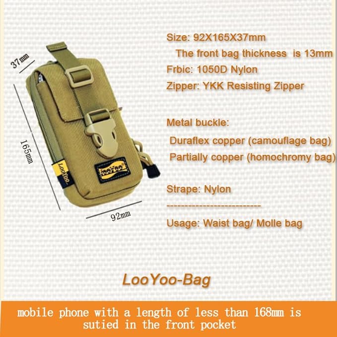 Looyoo/A148 Tactical Phone Pouch with Shoulder Strap EDC Utility Waist Pack Dual Layer Nylon Black and Khaki