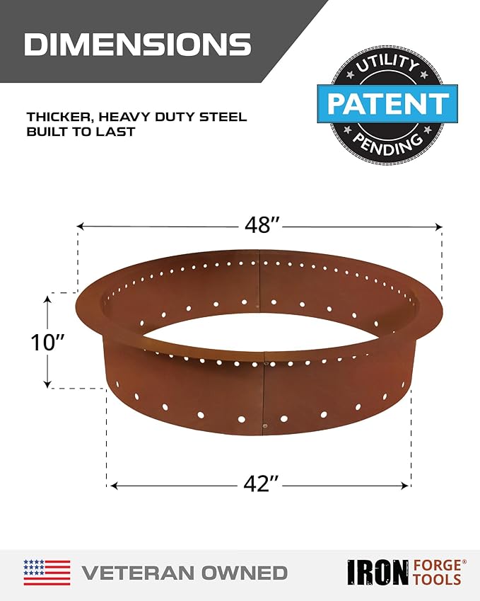 Heavy Duty Metal Smokeless Permanent Fire Pit Ring 48 inch Outer/42 inch Round Fire Pit Insert Liner for Outdoor Firepits for Outside Corten Steel (48x42x10) Patent Pending