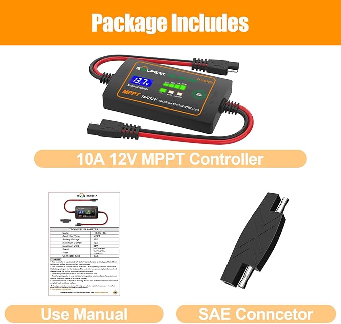 SOLPERK 10A 12V MPPT Solar Charge Controller with LCD Display Intelligent Solar Panel Controller Portable Solar Panel Regulator for Gel AGM Lead-Acid Lithium LiFePO4 Battery
