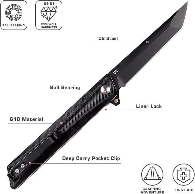 REMETTE Tactical Folding Pocket Knife GD22K 3.6 Black PVD Tanto Blade Flip Open with Durable G10 HandleMen Women Everyday Carry EDCSharp Camping Hiking Daily Work Knives